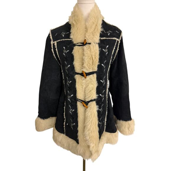 VINTAGE Oscar Piel Afghan Penny Lane Coat Womens M Embroidered Leather Boho USA - Picture 1 of 13